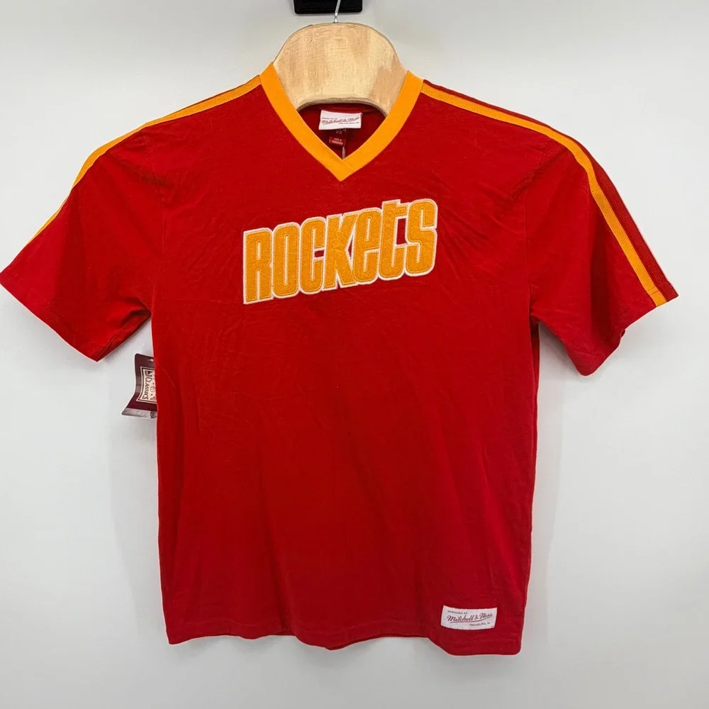 Mitchell & Ness Houston Rockets V-Neck Jersey Shirt Kids XL 18/20 Red Yellow NEW